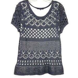 Crochet Knit Short Sleeve Lined TopCharcoal Grey M cottagecore femminine